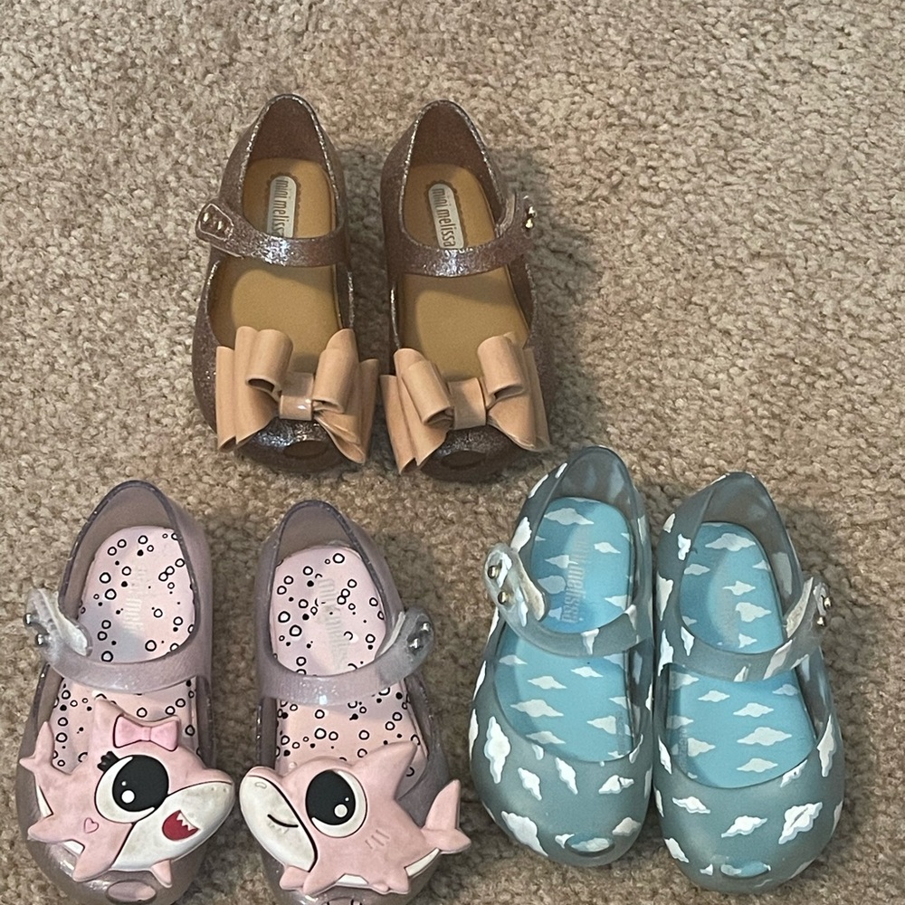 Mini Melissa Baby Girl Mary Jane Shoes Gold Bows Shark 3 pairs